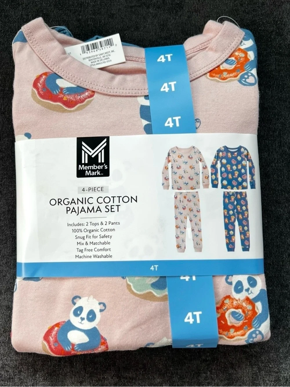 NWT Member's Mark 4-Piece Organic Cotton Pajama Set Size 4T Pandas